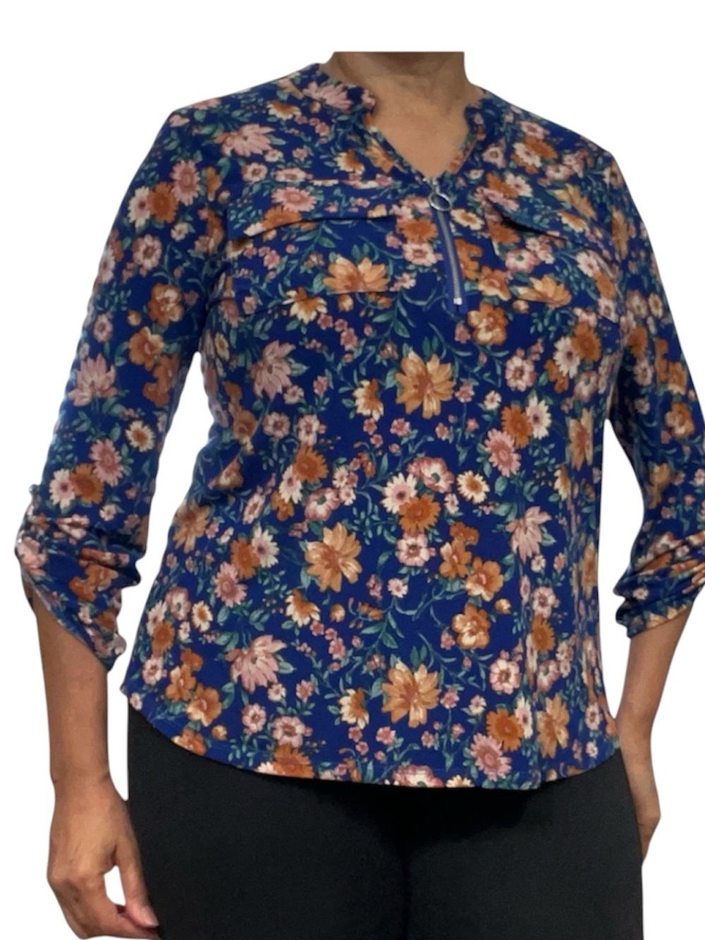 Cure. Women's Floral Print Zip Front V-Neck Henley Roll-Tap Sleeve Top Size S